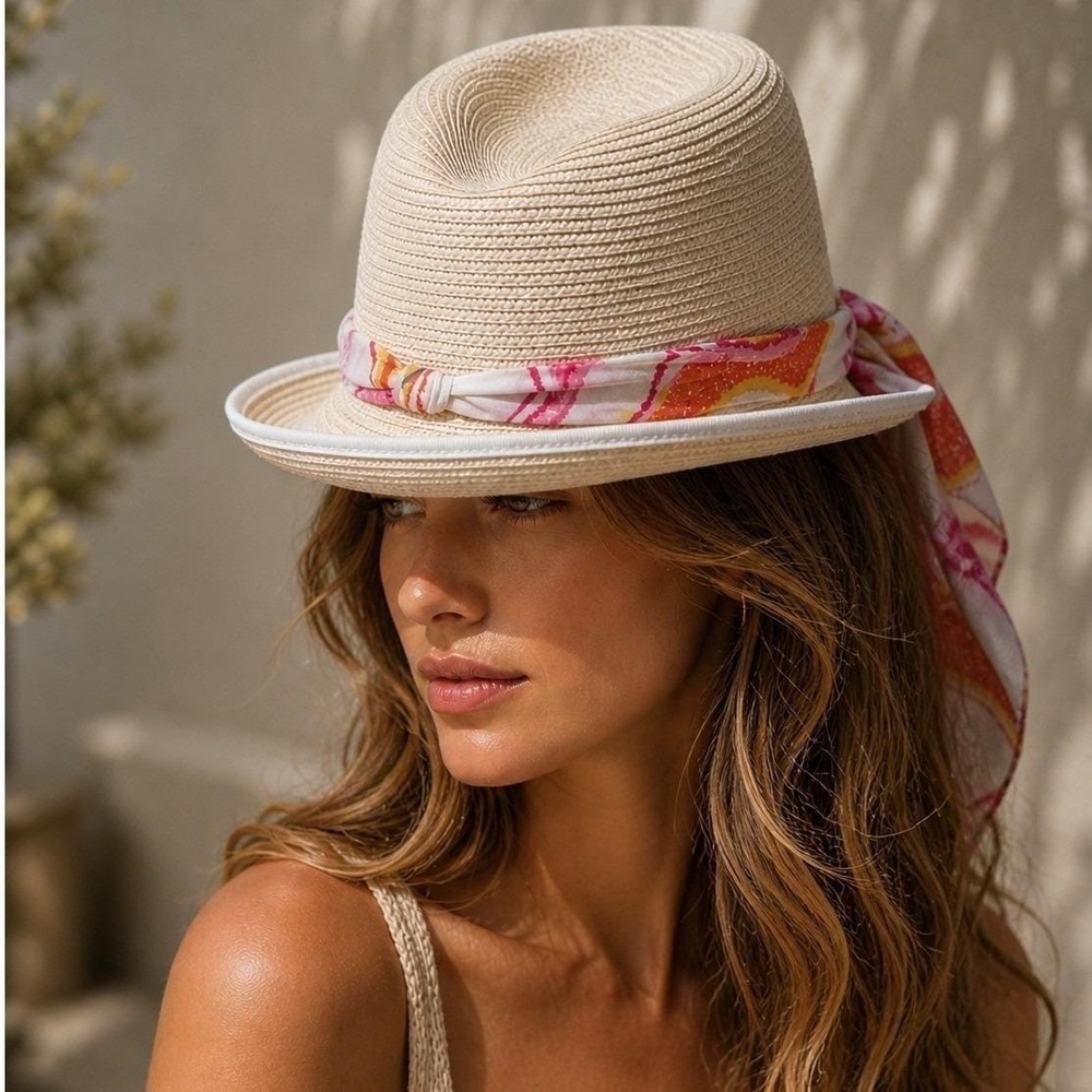 Coach Est 1941 Straw Fedora Hat Tan Pink Orange Floral Ribbon Scarf XS/S